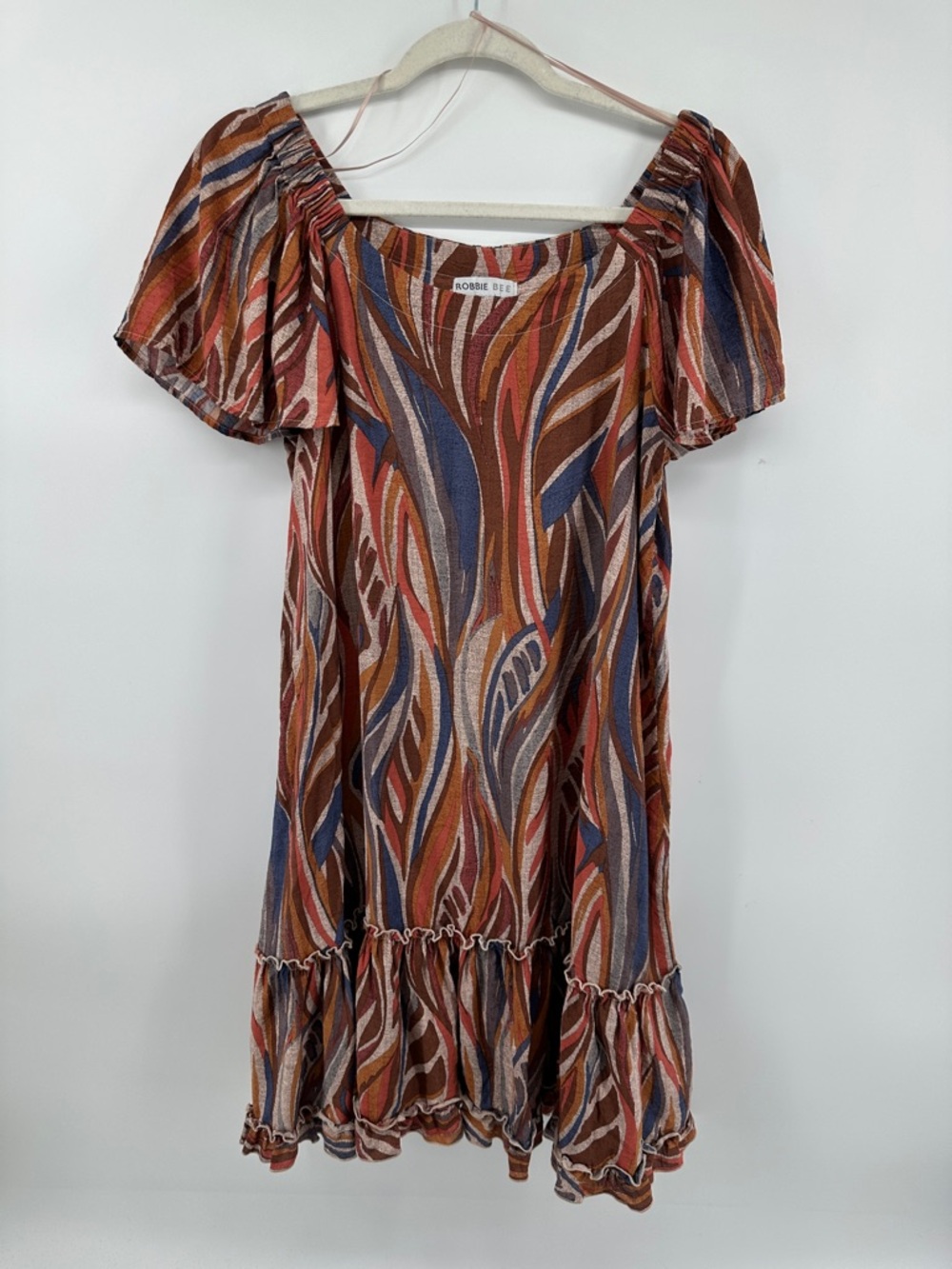 Robbie Bee Cottagecore Boho Coastal Retro Rust Multicolor Wave Print Dress SzL